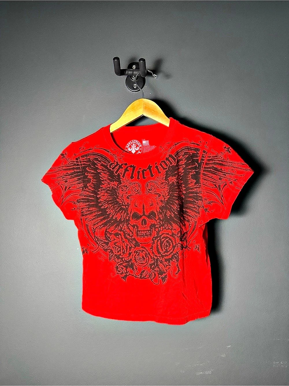 Y2K Affliction Women's Baby Tee Skull Wings Roses Red L